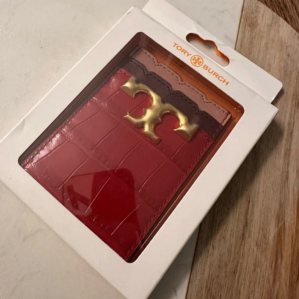 NWT! NEW! Tory Burch Eleanor Gold Logo Phone Card Pocket Holder Croc Embossed